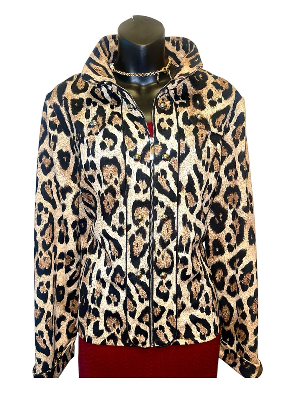 Lisa International Leopard Print Bomber Jacket - Black & Tan